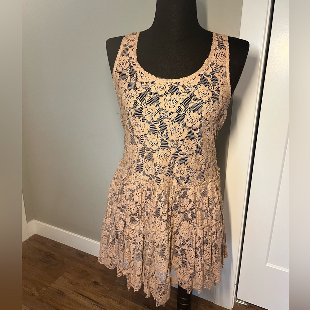 Altar’d State S Taupe Rose Tan Floral Lace Chemise Dress Sheer Tiered